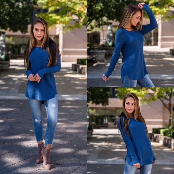 Blue Ribbed Knit Sweater - Picture 2 of 2